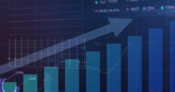 Financial data and stock market growth animation over bar and line charts - Powered by Adobe