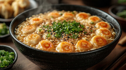 Steaming bowls of ramen are served with a side of freshly made gyoza.