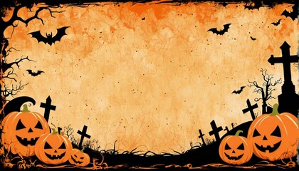 Illustration of a grunge Halloween frame with pumpkins,bats,graves and a spider