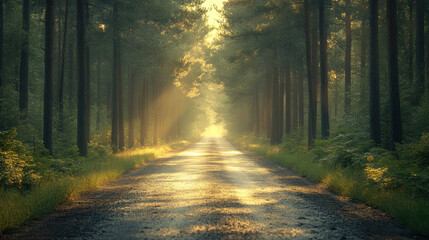 Obraz premium Straight, narrow roads lined with tall pines, leading the viewer's eye into the distance.