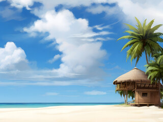 Fototapeta premium A tropical beach with palm trees and a hut