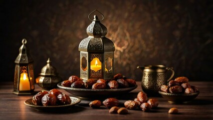 Ramadan kareem with premium dates,nuts and arabic tea. Festive still life with oriental ramadan lantern and iftar food concept