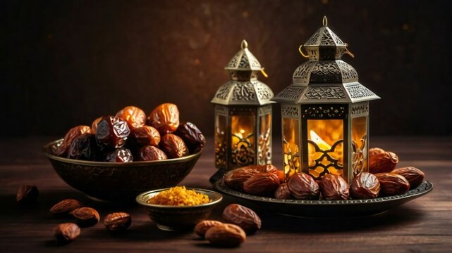 Ramadan kareem with premium dates,nuts and arabic tea. Festive still life with oriental ramadan lantern and iftar food concept