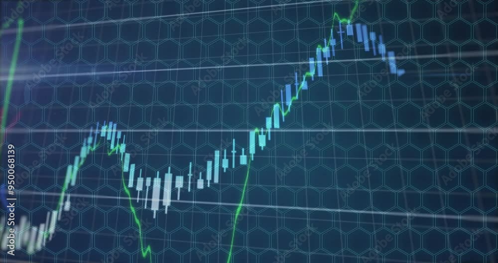 Sticker Stock market chart with rising and falling prices animation over hexagonal grid