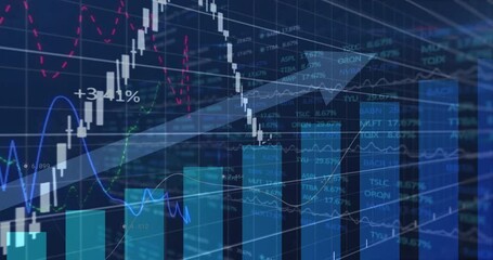 Financial data and stock market analysis animation over blue graph and charts