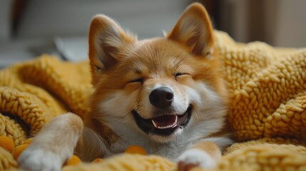Smiling Shiba Inu: Happy Japanese Dog with Red Hair Poses for Portrait on Yellow Background