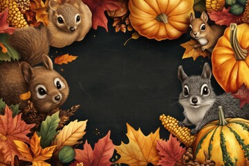 colorful thanksgiving animals kids vector border with seamless pattern of autumn leaves, turkey, corn, pumpkin, hedgehog, and squirrel