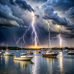 Dramatic rainstorm and lighting bombard the lake at golden hour