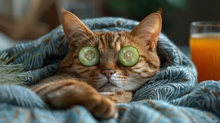 Relaxing Feline with Cucumber Eye Mask in Cozy Robe