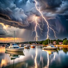 Dramatic rainstorm and lighting bombard the lake at golden hour