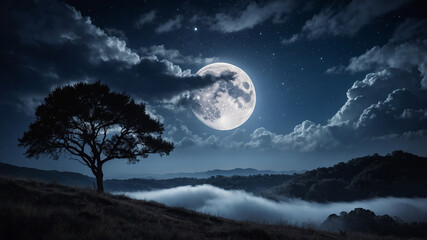 A serene nighttime landscape featuring the bright full moon over a quiet, wooded mountain range © janzwolinski