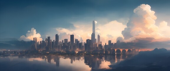 Fototapeta premium 雨上がりのような光が注ぐ大都市の風景