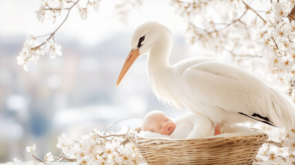 The stork brought a newborn baby to his parents. Newborn baby in a basket, a stork stands nearby. © preto_perola