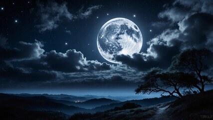A serene nighttime landscape featuring the bright full moon over a quiet, wooded mountain range © janzwolinski