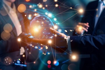 A person is holding a globe in their hand, surrounded by a network of lights. Concept of interconnectedness and the importance of global unity