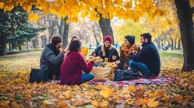 Friends enjoy a picnic in the park on a fall day.