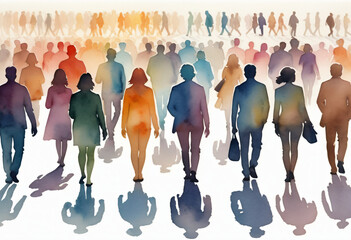 Watercolor drawing silhouettes of many people in different poses and colors, walking in the same direction