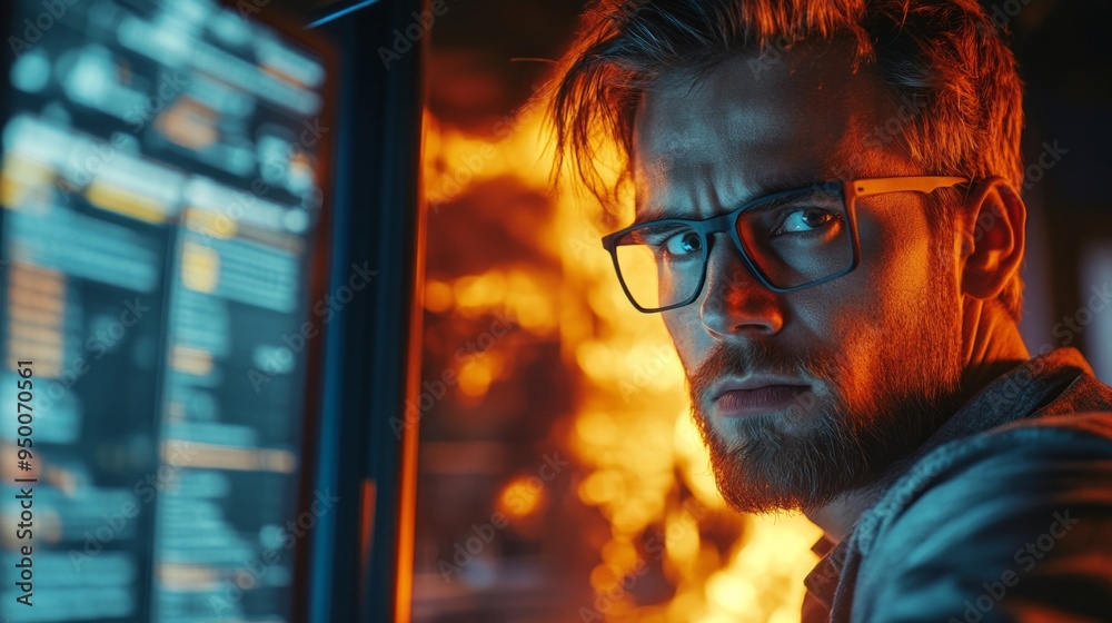 Poster a man with glasses is staring at a computer screen