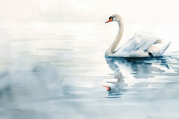 A serene watercolor painting of a swan gliding peacefully across calm waters, capturing elegance and tranquility.