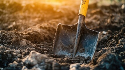 Digging with Shovel in Soil, Capturing the Essence of Physical Work in Construction