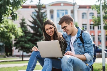 A young man and woman are sitting on a bench looking at a laptop. The woman is smiling and the man is wearing a blue jacket. The scene suggests a casual and friendly atmosphere