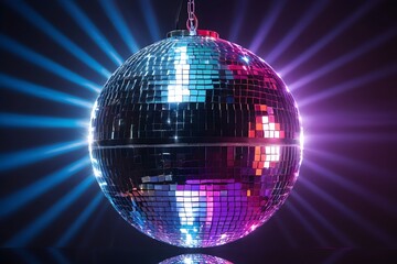 Fototapeta premium Disco ball with lights. Shiny mirror sphere reflecting bright colors for a retro dance party.