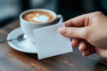 Obraz premium a hand holding a blank white card next to a cup of latte coffee with heart-shaped art on a wooden table, creating a warm, perfect for a thoughtful note or message.