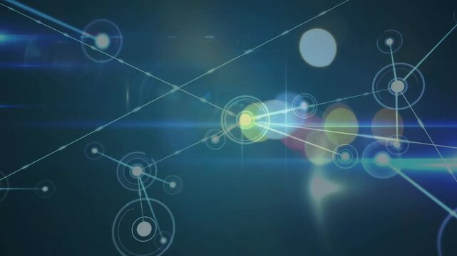 Network of connections and data processing animation over blurred lights background
