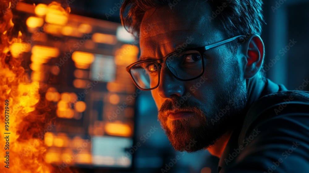 Poster A man with glasses is staring at a computer screen with a fire in the background