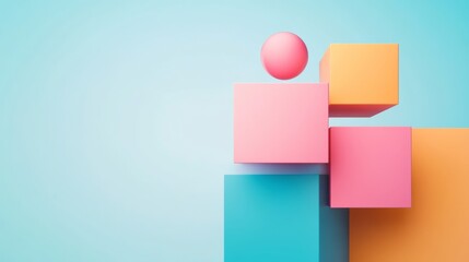 Fototapeta premium An arrangement of colorful geometric shapes, including cubes and a sphere, against a light blue background, showcasing modern design and abstraction.