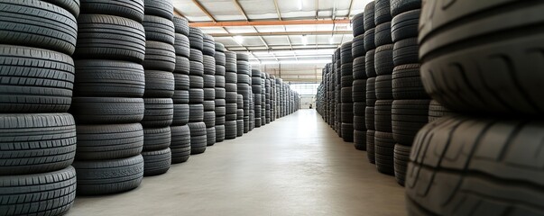 Stacked tires create endless hallway in warehouse