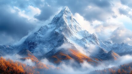 Majestic Snowy Mountain Peak with Autumnal Forest