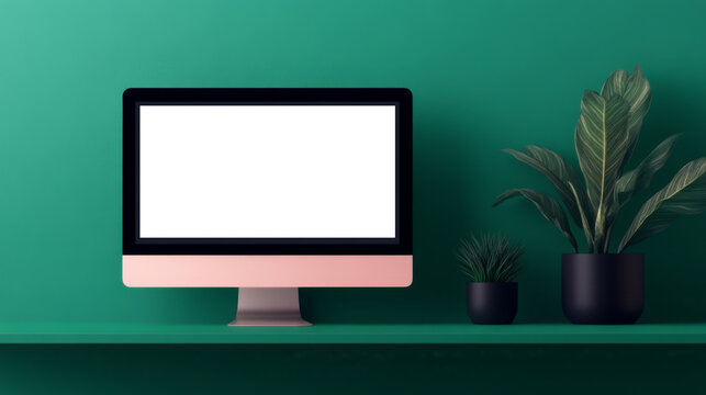 An illustrated man working on a laptop in a modern, minimalistic office with green plants and orange accents, representing productivity and creativity.