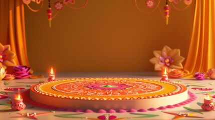 Fototapeta premium A vibrant rangoli design adorned with flowers and diyas, perfect for festive celebrations and cultural events.