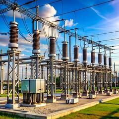 A large electrical power plant with a blue sky and clouds in the background