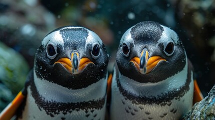 Happy Penguins: Oil Painting Portrait on Blue Background