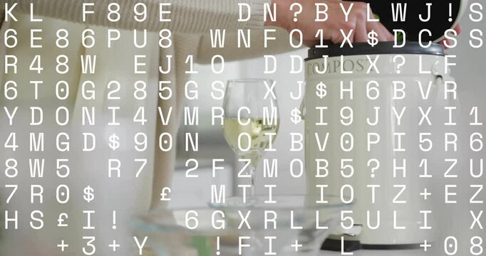 Random alphanumeric characters animation over person placing item in compost bin