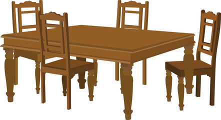 Wooden Dining table with chair with different angle isolated on white background. Dining room furniture decor including dining table and wooden chair