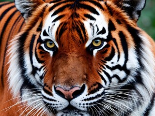 Naklejka premium Close-up detail portrait of Sumatran tiger, Panthera tigris sumatrae, rare tiger subspecies that inhabits the Indonesian island of Sumatra.