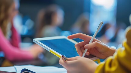 Close-up of a hand using a tablet and stylus in a classroom setting, focused on digital learning and creative expression.