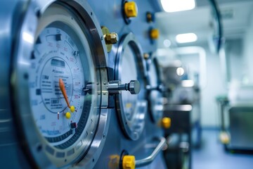 Close-up view of precision gauges in a modern laboratory, showcasing advanced measurement technology and control systems.