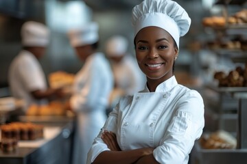 A photo of an African American female chef standing in front with her arms crossed