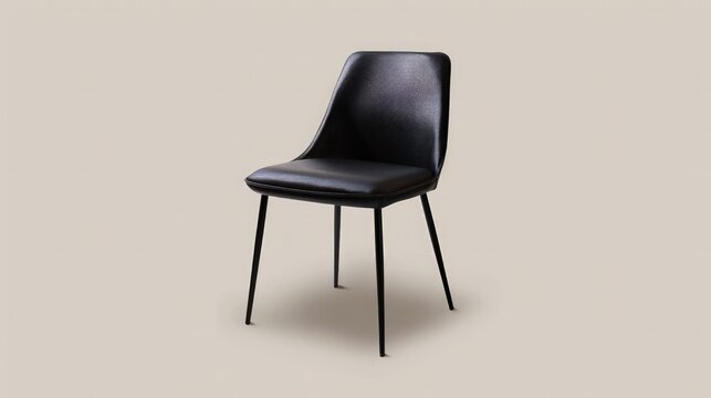 A contemporary dining chair in black leather, with sleek metal legs, standing alone on a neutral beige background.