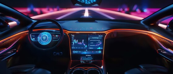 Futuristic car interior with vibrant LED lights and advanced digital display showcasing technology and innovation.