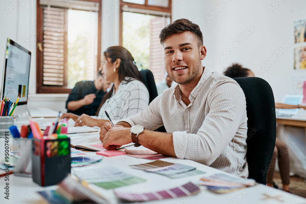 Poster portrait, creative and businessman in office with planning for art project with color swatch layout.