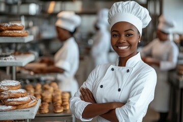 A photo of an African American female chef standing in front with her arms crossed