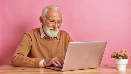 Elderly man comfortably using laptop at home, online connection, cozy ambiance, technology learning in old age 
