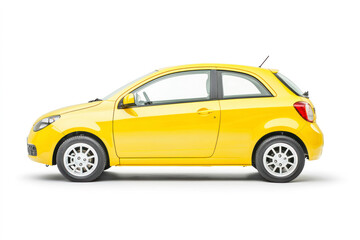 Yellow compact car, small size passenger vehicle isolated on white background. Side view.