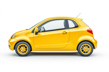 Obraz premium Yellow compact car, small size passenger vehicle isolated on white background. Side view.
