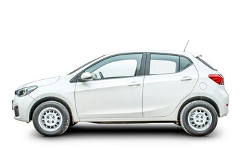 White compact car, small size passenger vehicle isolated on white background.